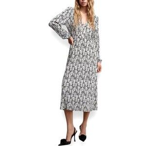 MNG Mango 8 Cream Black Floral Crepe Midi Dress Long Sleeve Boho Cottagecore